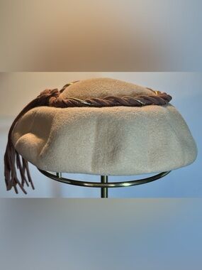 Vintage Hampshire Pill Box Hat - 100% Wool Cream Felt Beret w/Brown Twist Trim